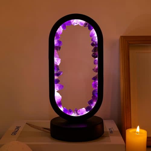 Runyangshi Crystal Lamp Amethyst Raw Stone Ellipse Night Lamp Natural Healing Crystal Night Light Table Lamp Base USB Port 3 Colours Mode for Bedroom Bedside Lamp Office Home Decor Gift