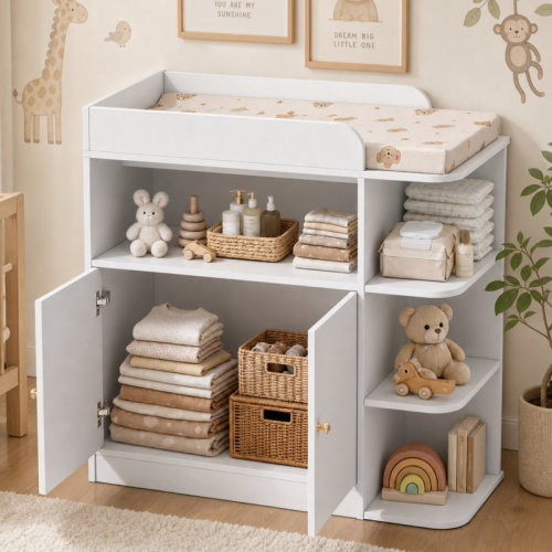 Trinx Changing Table Dresser for Nursery, Baby Diaper Changing Station with Large Cabinet, 4 Open Shelves & Crystal Knobs (Changing Top Included, Pad Excluded) | Wayfair