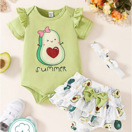 Baby Girl 3pcs/Set Cute Avocado Cartoon Patterned Short-Sleeved Romper With Lotus Hem, Bowknot Shorts And Headband For Summer | SHEIN USA