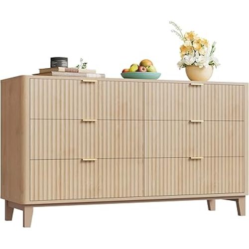WLIVE Fluted Dresser for Bedroom with 6 Drawers, 54" Wide Wood Dresser with Metal Handles, TV Stand for 65 inch TV, Mid Century Modern Chest of Drawers for Living Room, Hallway, Closet, Natural Oak