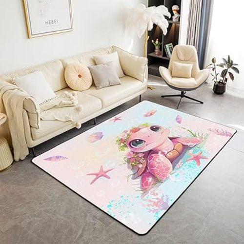 Feelyou Sea Turtle Area Rug for Kids Boys Girls Ocean Decorative Carpet Set 5x7 Pink Sea Shell Starfish Living Room Rugs Bedroom Decor Colorful Flower Indoor Floor Mat