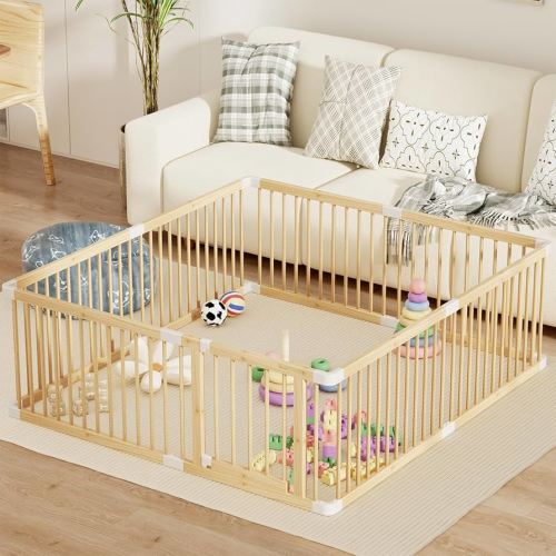 Large Wooden Baby Playpen, Adjustable Gate for Toddler and Babies, Sturdy Fence Baby Play Yard with Door, Portable Safe Play Area Kids Activity Center(79.5x71.5x24inches)