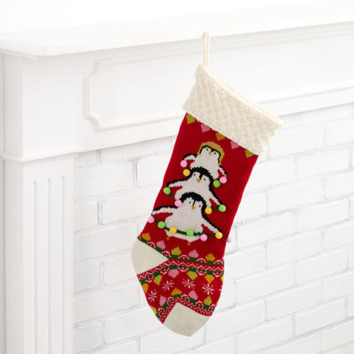 Red And Ivory Knit Penguin Tree Christmas Stocking
