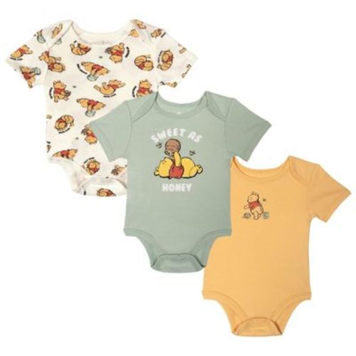 Disney Winnie the Pooh Baby Boy or Girl 3-Pack Short Sleeve Graphic and Printed Knit Bodysuits with Snap Closure Green Yellow 0-3 Months