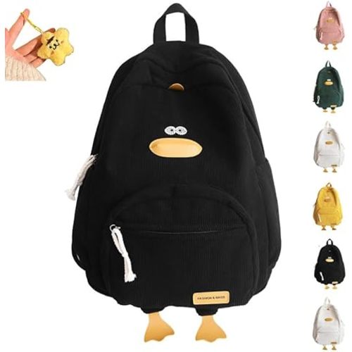 Corduroy Duck Cute Backpack, Kawaii Aesthetic Laptop Backpack, Large Capacity Girls Travel Bag Adjustable Strap (Pink)