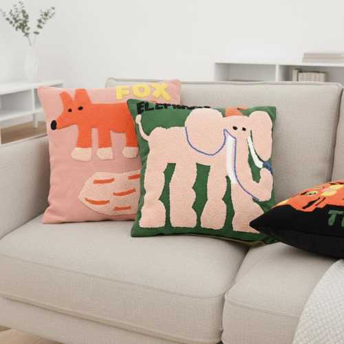 Embroidered Animal Pillow Cover, Punch Needle Tiger & Fox Cushion for Colourful Kids Room Decor, Funky Nursery Gift