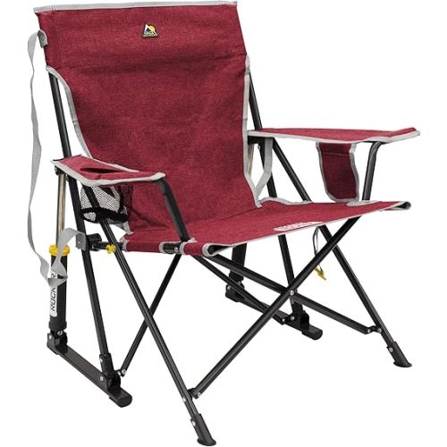 GCI Outdoor Kickback Rocker Camping Chair | Portable Folding Rocking Chair with Durable Armrests, Drink Holder & Relaxed Lowered Seat for Comfort — Red
