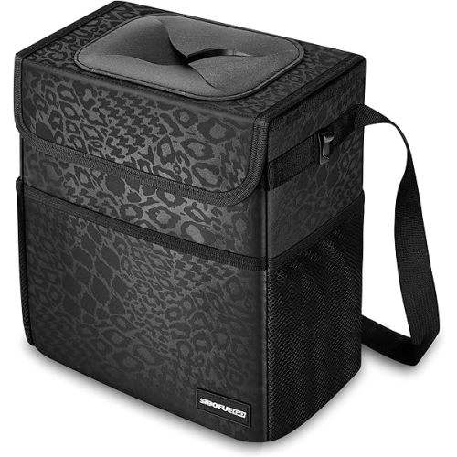 Cute Car Trash Can with Lid – Multipurpose Collapsible Trash Bin for Car, Leak-Proof Organizer, Waterproof Garbage Can with Storage Pockets & Adjustable Straps, 2 Gallons (Black Leopard)
