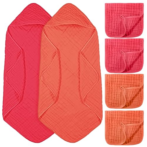 VitalCozy 6 Pcs Baby Muslin Hooded Bath Towels and Washcloths Muslin Cotton Hooded Baby Towels Absorbent Blankets for Gift Newborn Infant Shower (32 x 32 Inch,Cherry Red,Coral)