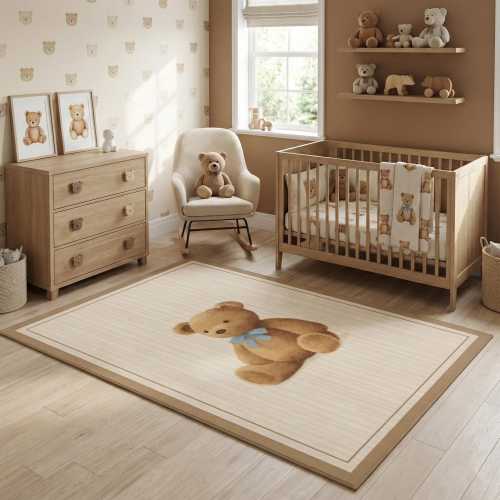 Teddy Bear Area Rug - Blue Bow Stripes Nursery Decor, Kids Room Carpet, Playroom Mat, Baby Shower Gift, Gender Neutral Floor Covering