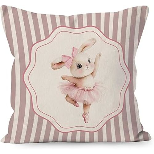 Pink Easter Ballet Bunny Decorative Throw Pillow Cover, Bunny Nursery Decor, Preppy Striped Easter Ballerina Rabbit Pillow Covers for Girls Room Bedroom Home Bed Sofa Decor, 18x18 Inch