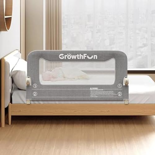 GrowthFun Foldable Bed Rail for Toddlers, 47in Reinforced Carbon Steel Frame&Connectors, Breathable Cationic Fabric, Safety Toddler Bed Rails for Queen, King, Twin, Full, No-Tool Setup.