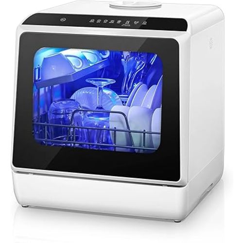 Portable Countertop Dishwasher with 6 Programs, Dual Spray (Powerful & Gentle), High-Temp & Air-Dry, Timer Function, 5L Built-in Water Tank – Compact Design for Home, Apartments, RVs, No Hookup Needed