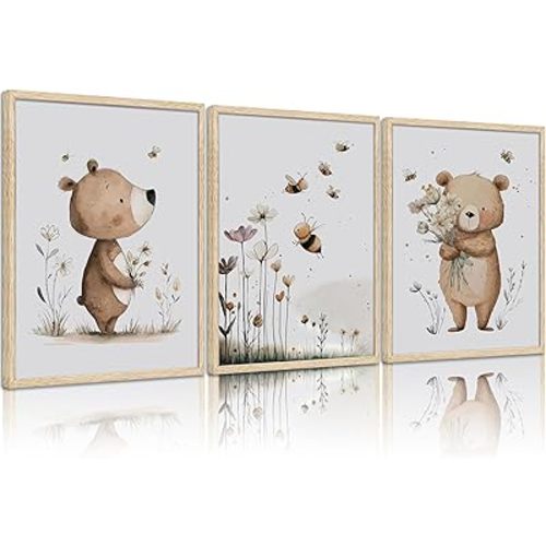 3Pcs Nursery Animals Wall Art Playful Scene With Flying Bees And Delicate Painting Picture Wall Decor Holding Douquet Baisies Little Bear Poster Print Artwork for Kids Boy Girl Room Bedroom Decorate