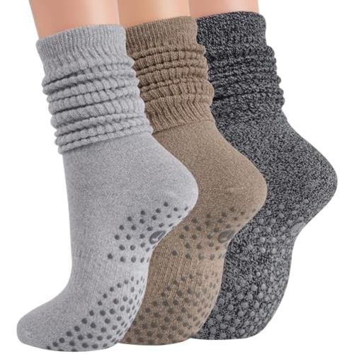 Pilates Socks with Grips for Women, Yoga Barre Slouch Socks 3 Pairs