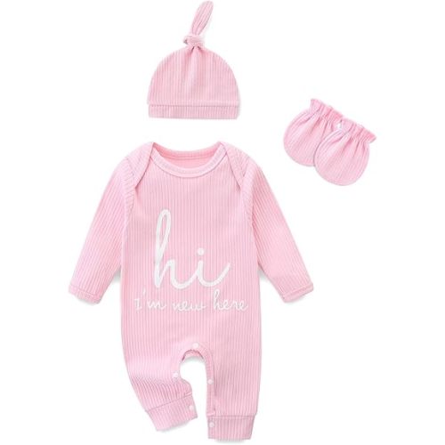 Newborn Girls and Boys Romper, Hi I’m New Here Long Sleeve Cotton Baby Clothes, Newborn Coming Home Outfit