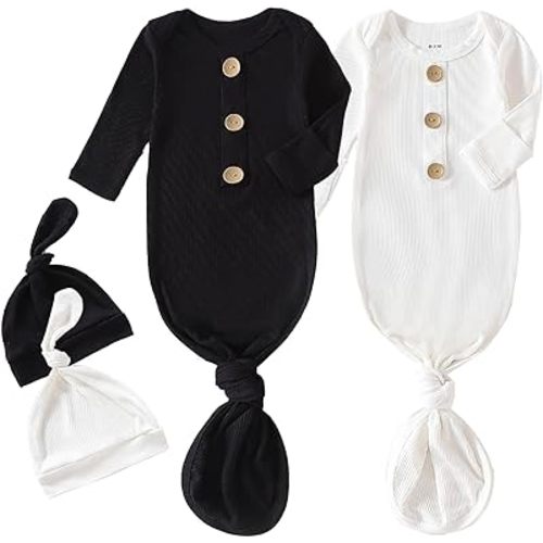 OPAWO Knotted Gown Baby Newborn Sleepers Baby Boy Coming Home Outfit, Bamboo Viscose Baby Gowns with Mitten Cuffs and Hat Set