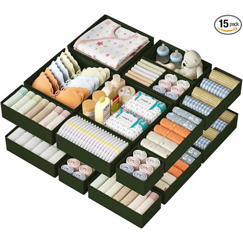 DIMJ Drawer Organizer Clothes 15 Pack - Foldable Baby Organizers and Storage & Dresser Organizer for Bedroom, Closet - Nursery Organization Dresser Dividers for underwear, Sock,Bra, Belt, Tie, Green