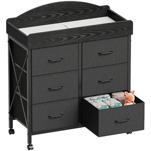 Baby Changing Table Dresser with Wheels, 6-Fabric Drawer Baby Dresser with Changing Table Top, Waterproof Diaper Changing Station & Pad, Mobile Storage Unit, Compact Baby Furniture, Black