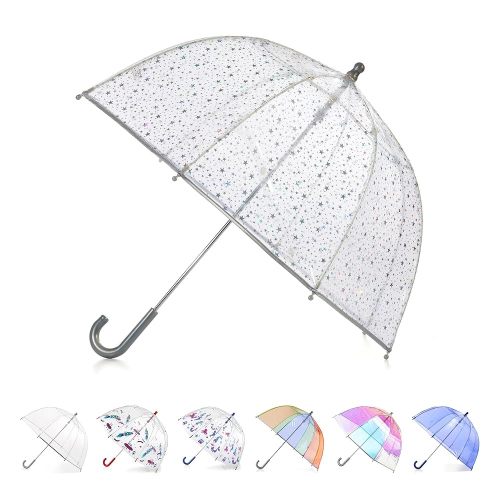 totes Kids Clear Bubble Umbrella with Dome Canopy, Lightweight Design, Wind and Rain Protection Umbrella, Holographic Star, Kids - 38" Canopy