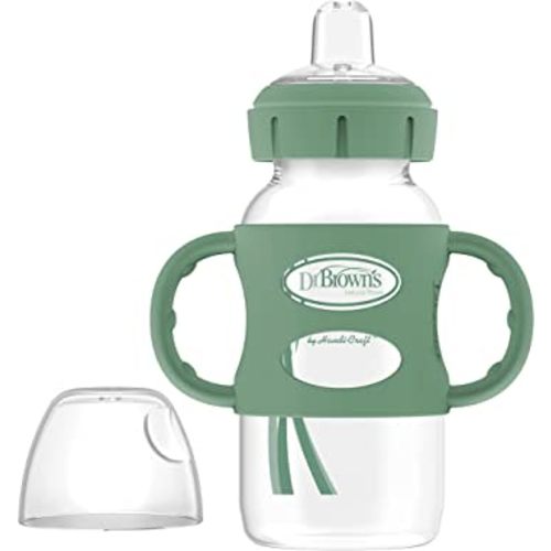 Dr. Brown's Milestones Wide-Neck Sippy Spout Bottle with 100% Silicone Handles, Easy-Grip Handles with Soft Sippy Spout, 9oz/270mL, Green, 1-Pack, 6m+