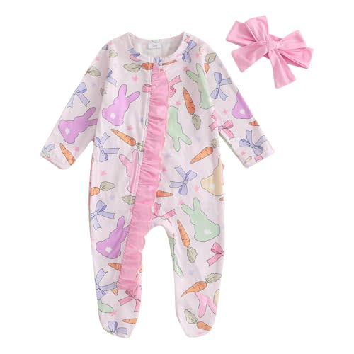 AHUGHAUE Newborn Baby Girl Easter Outfit Bow Bunny Print Footie Romper Ruffle Zipper Bodysuit Jumpsuit with Headband