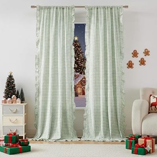 ZJDECOR Buffalo Plaid Ruffled Curtains 84 Inches Length,Rustic Not-See-Through Sheer Curtains,Shabby Chic Window Treatment for Bedroom Living Room,Sage Green and White,Rod Pocket,40" Wx84 L,Pack of 2