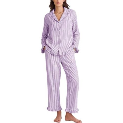Flygo Women's 100% Cotton Pajamas Set Striped Soft Long Sleeve Sleepwear