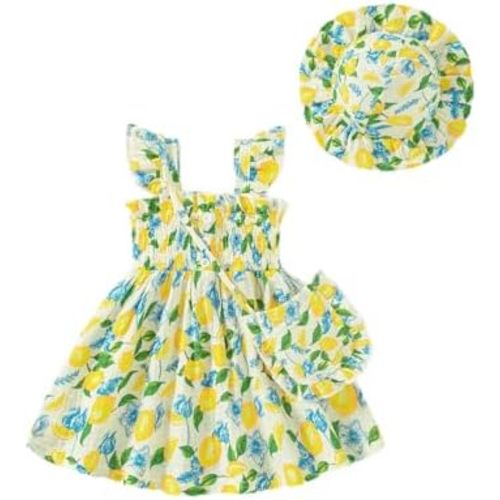 Vibebox Baby Girl Ruffle Sleeveless Dresses Newborn Girls Summer Button Dress Birthday Gifts Clothes with Cute Hat and Bag