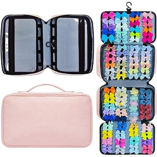 Baby Girl Hair Bow Organizer Bag - Multi-Pocket Hair Accessories Storage with Hanging Hook and Transparent Pockets for Hair Clips, Headbands, Scrunchies, Portable Travel Carrying Case (Pink)