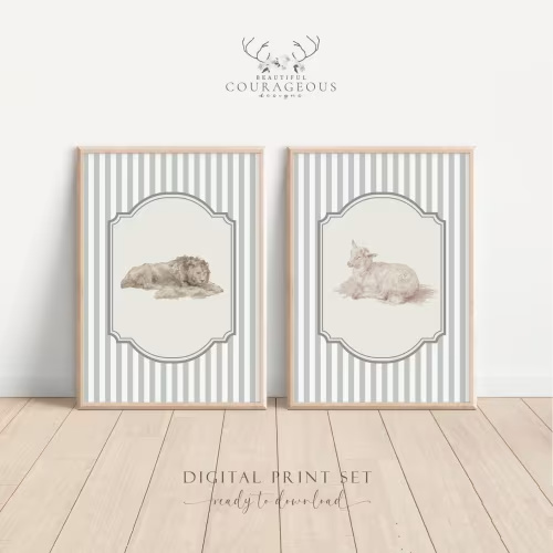 Vintage Lion Lamb Nursery Art Print Set Cottagecore Wall Decor Baby Shower Gift for New Mom Soft Animals Wall Art Prints Instant Download