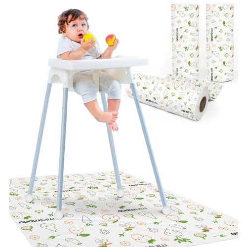 Minimono Baby Splat Mat for Under High Chair - 30 Pcs Disposable and Waterproof Splash Mats - 40"x47" Multipurpose Activity Mat for Picnic, Arts and Crafts - Baby Led Weaning Supplies (Fruits Veggies)