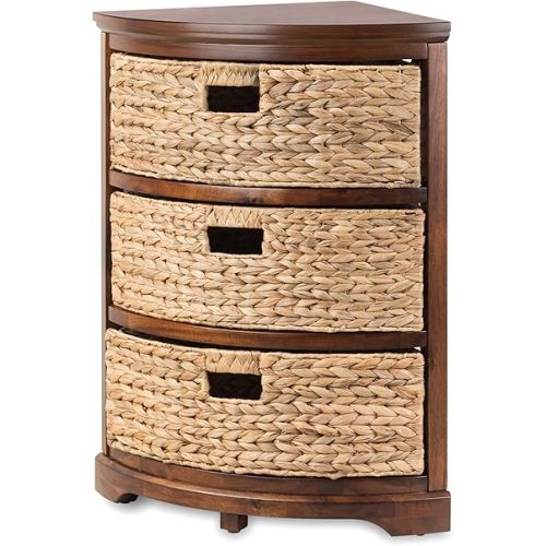 eHemco Hampton Meadows 3 Tier X-Side Corner Table Storage Cabinet with 3 Wicker Baskets, Walnut