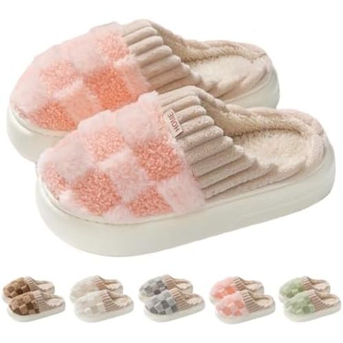 Checkered Slipper House Slippers for Women Men Plush Warm Fuzzy Slippers Flyffy Bedroom Shoes Indoor Slip On