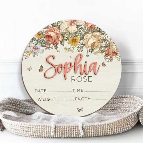 Floral Baby Name Sign: Custom Birth Stats, Newborn Photo Prop