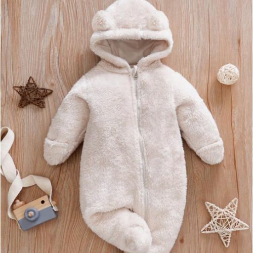 H HIBOBI Winter Unisex Long Sleeve Cute 3D Teddy Bear Ears Plush Warm Baby Romper With Hand & Foot Covers (Hat Lining Unpositioned)