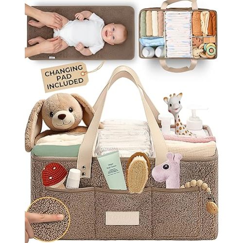 Baby Diaper Caddy Organizer with Portable Changing Mat - Teddy Fleece Diaper Organizer for Changing Table - Basket for Changing Essentials - Baby Essentials Organizer with Removable Dividers