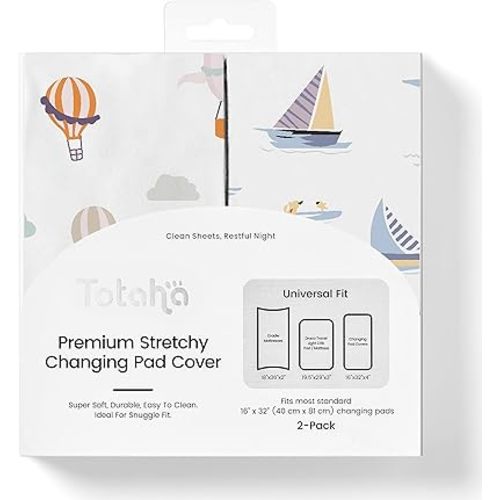 TotAha Premium Stretchy Changing Pad Covers (2-Pack)-Hypoallergenic, Silky Comfort, Buttery Soft, Calming Effect, All-Season Jersey-Knit 32 X 16 X 5'' Deep Pocket (Air Balloon & Sailboat)
