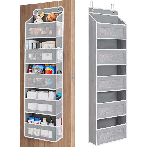 JARLINK 2 Pack Over the Door Organizer Storage, 5 Shelf Hanging Door Organizer with 5 Large Capacity Pockets, Anti Tilt 44 lb Load Behind Door Storage for Bedroom, Bathroom, Pantry, Nursery, (Grey)