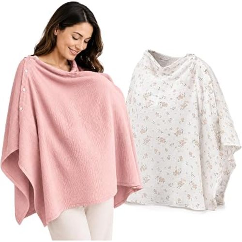 2 Pack Muslin Nursing Cover for Breastfeeding Pure Breathable Cotton Feeding Scarf with Privacy Cloak 25.6" x 25.6" Adjustable Soft Floral Pink Gauze Nursing Apron for Moms Multi-use Stroller