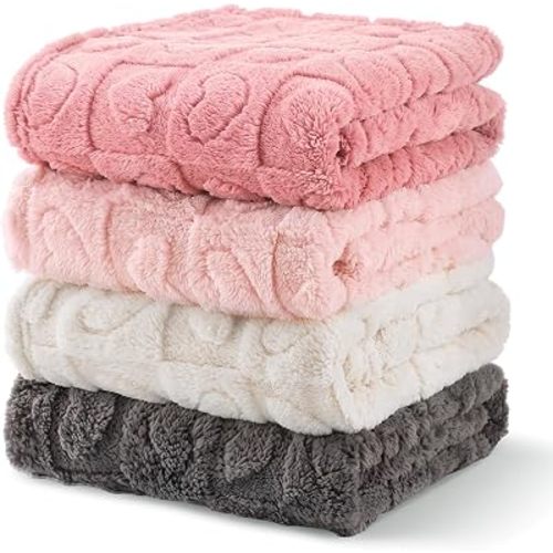 4Pcs Baby Blanket Heart Checkered,Plush Fluffy Fleece,Pink Set