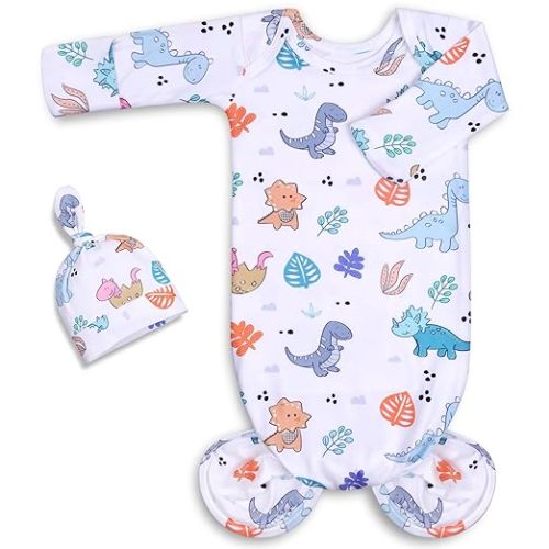 Baby Knotted Gown Newborns 0-6 Months, Soft Breathable Newborn Sleeper Gowns, Baby Girl Coming Home Outfit Essential Gift Watercolor Floral with Headband Set