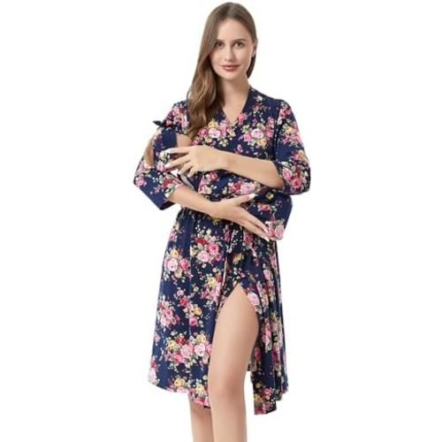 Galabloomer Flower Maternity Robe and Baby Receiving Blanket, Matching Mommy Labor Delivery Robe and Swaddle Set