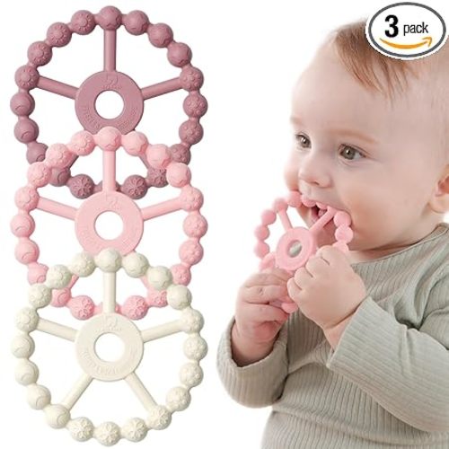 3 Pack Ring Teether Baby Infant Toys, Baby Essentials, Silicone Teething Ring Toys for Babies 0-6 Months, Seposeve Toddler Teethers 6-12 Months 12-24 Months, Infant Teething Relief, Purple Pink White