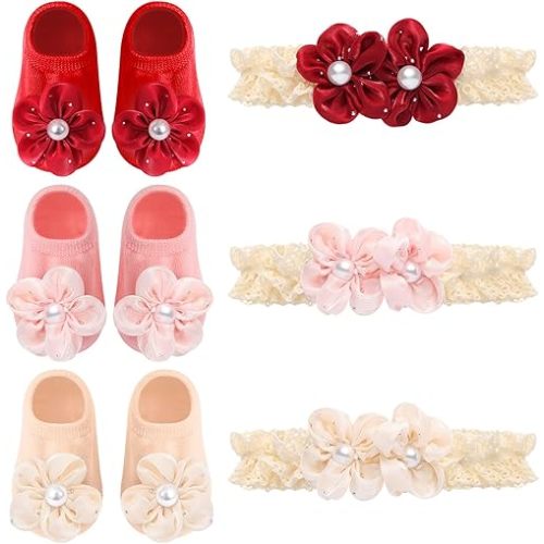 LIZISHU Baby Girls' Headband Socks Set Soft Floral Headwear + Non-Slip Socks for 0-12 Months Infant Newborn Toddler Photo Prop (red+pink+beige)