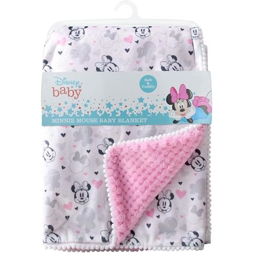 Cudlie Disney Baby Girl Minne Mouse Double Sided Baby Blanket with Printed Mink Waffle Fleece Backing & with Pom Edge(30X40)