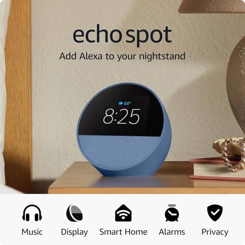 Amazon Echo Spot (newest model), Great for nightstands, offices and kitchens, Smart alarm clock with Alexa, Ocean Blue