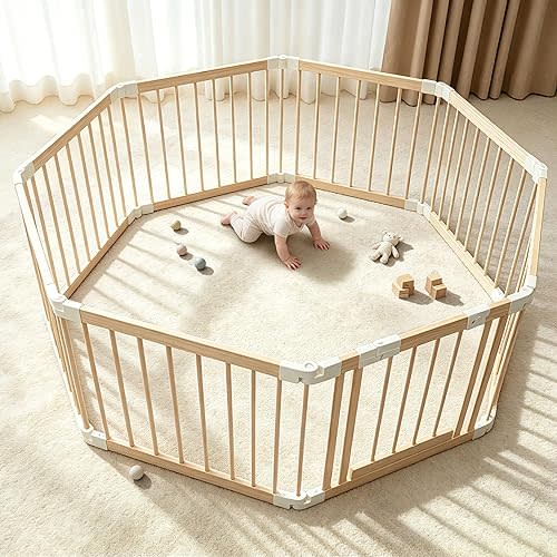Baby Gate Playpen, Wooden Playpen for Babies and Toddlers, Foldable Baby Fence Play Area with Child-Proof Lock Large Adjustable Play Yard for Babies Toddlers (58 x 58 x 24 inches)
