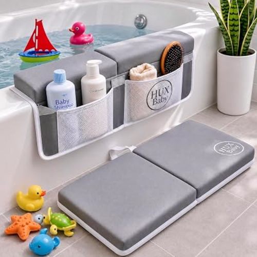 Comfortable Baby Bath Kneeler and Elbow Rest Pad Set, Non-Slip Bathtub Kneeling Pad for Bathing Baby, Bath Tub Cushion Mat, Elbow Pads, Toy Organizer Storage Pockets, Strong Suction Cups
