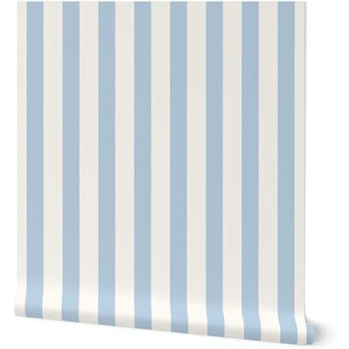 Peel & Stick Wallpaper 3ft x 2ft - Blue Stripe Cream Light Ivory Stripes Vertical Custom Removable Wallpaper by Spoonflower